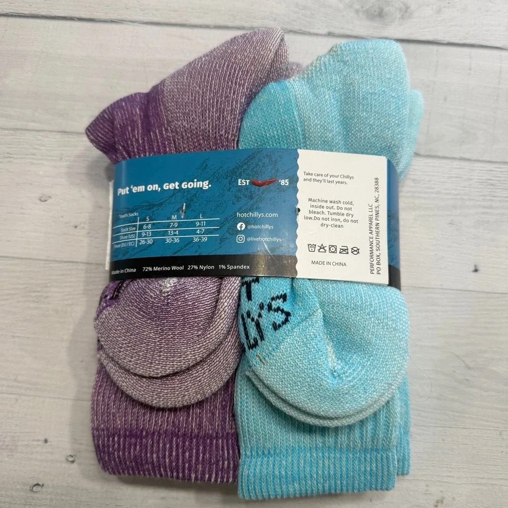 Hot Chilly's Youth Wool Trail Socks‎ 4 Pairs kids' purple aqua NEW